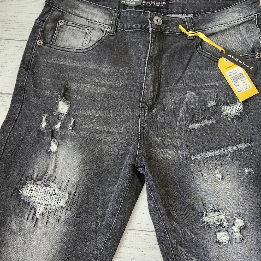 Men's Distressed Skinny Fit Black Denim Shorts With Stretch - Picture 2 of 11